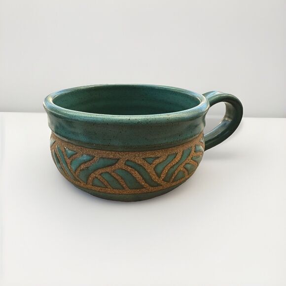 Peggy VRANA Studio Pottery Teal Wax Resist 1980s Large Soup Mug RARE Stoneware - Picture 4 of 6